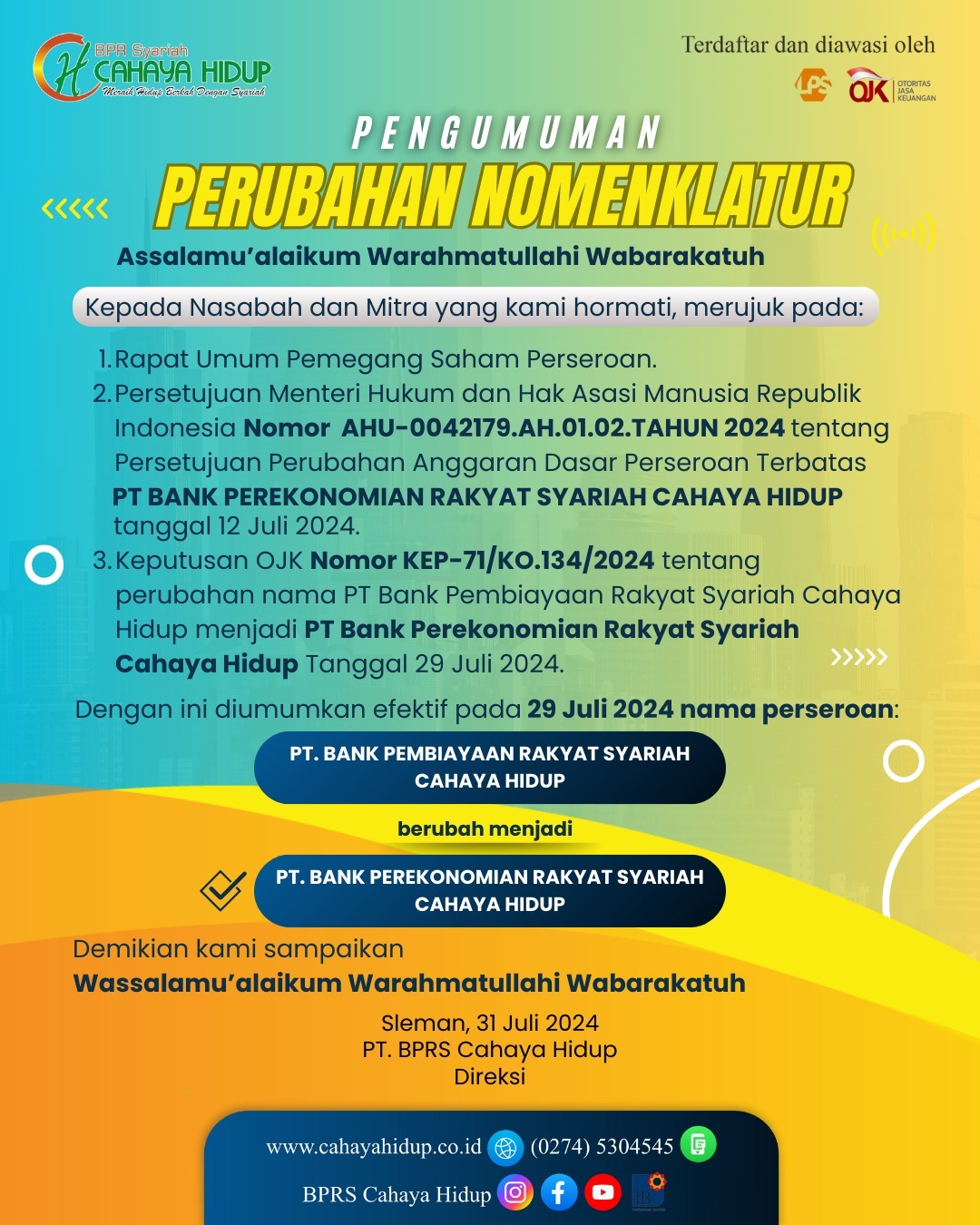 Perubahan Nama Perusahaan Menjadi Bank Perekonomian Rakyat Syariah Cahaya Hidup